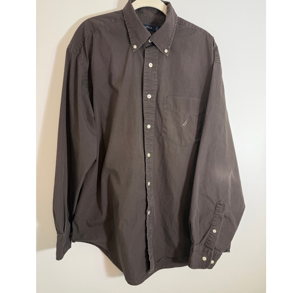 Nautica Men's Shirt L Large Gray Faded Long Sleeve Button Down Cotton Pockets